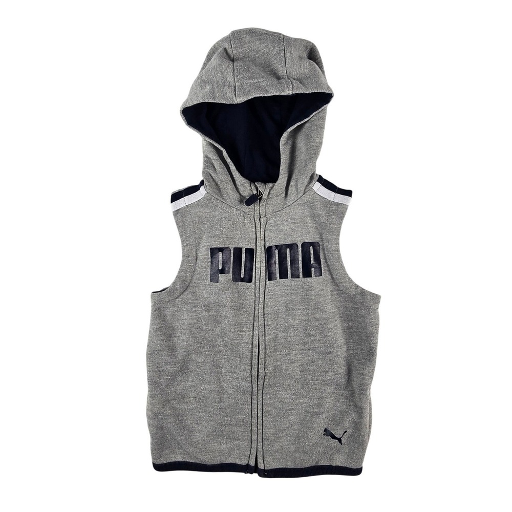 Puma Full Zip Hooded Vest Kids Size 2T Gray Navy Blue Sleeveless Sweatshirt Logo